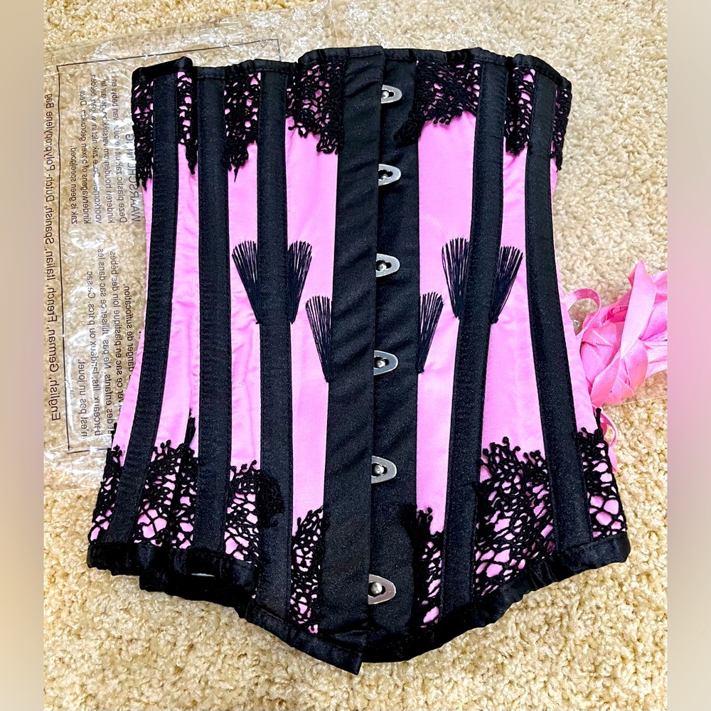 Satin and Ribbons 20” Corset Black & Pink NWT